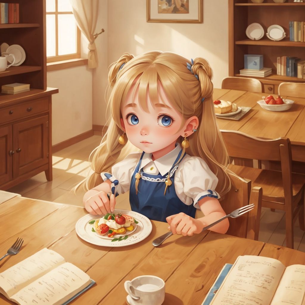 Nika setting the table neatly, with plates and forks arranged perfectly.