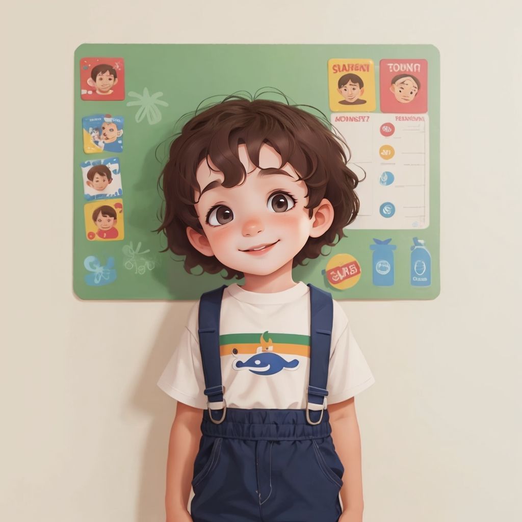 Sam smiling proudly in front of a wall with a sticker chart, stickers lined up