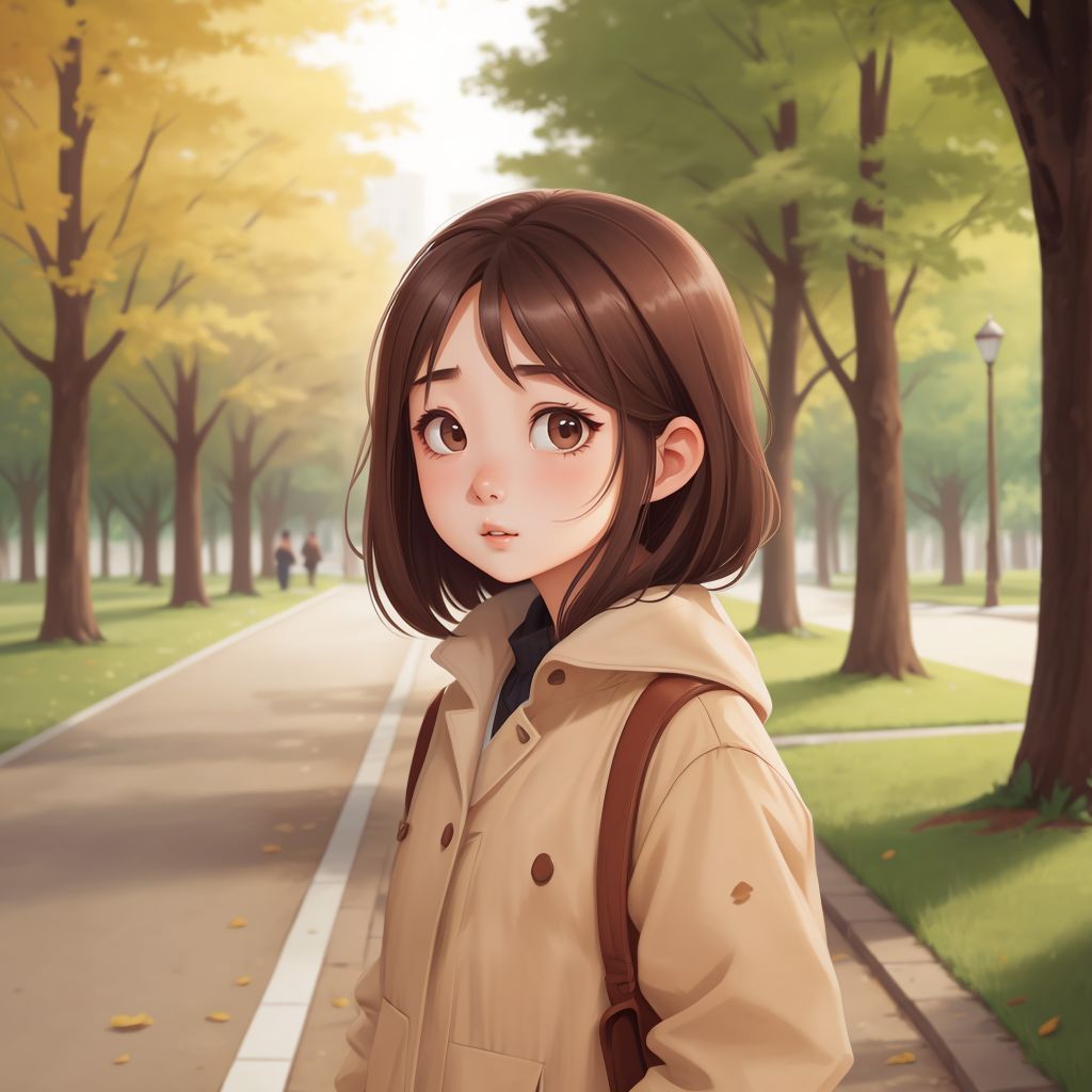 Анна walking alone in a park with a thoughtful expression on her face