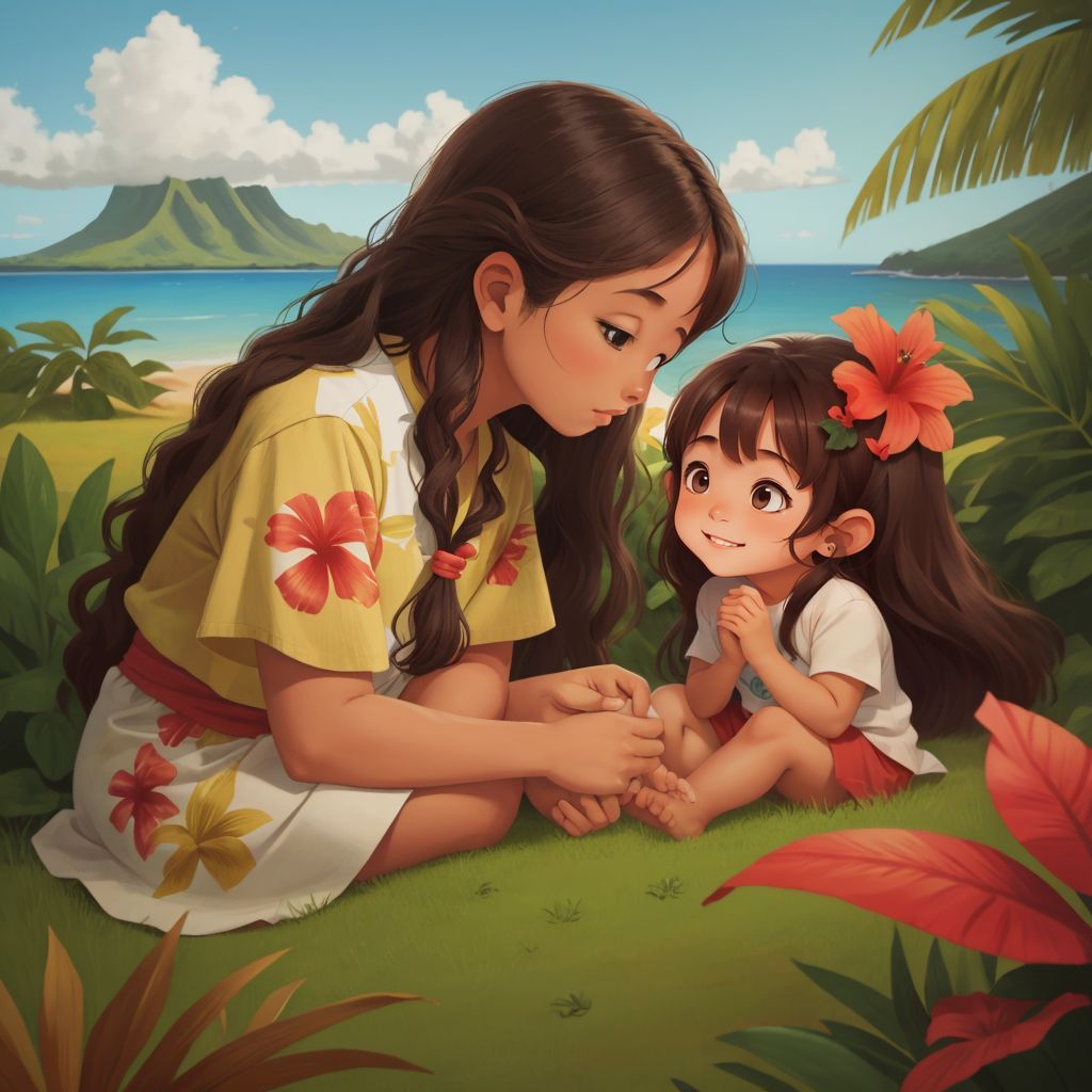 Kupuna Ku'uipo explaining the steps of Ho'oponopono to Hana, with a serene Hawaiian landscape in the background