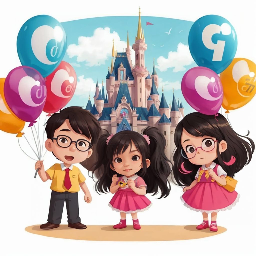 Hebe holding her parents' hands, standing in front of the grand castle at Disneyland, with colorful balloons and cheerful music in the background