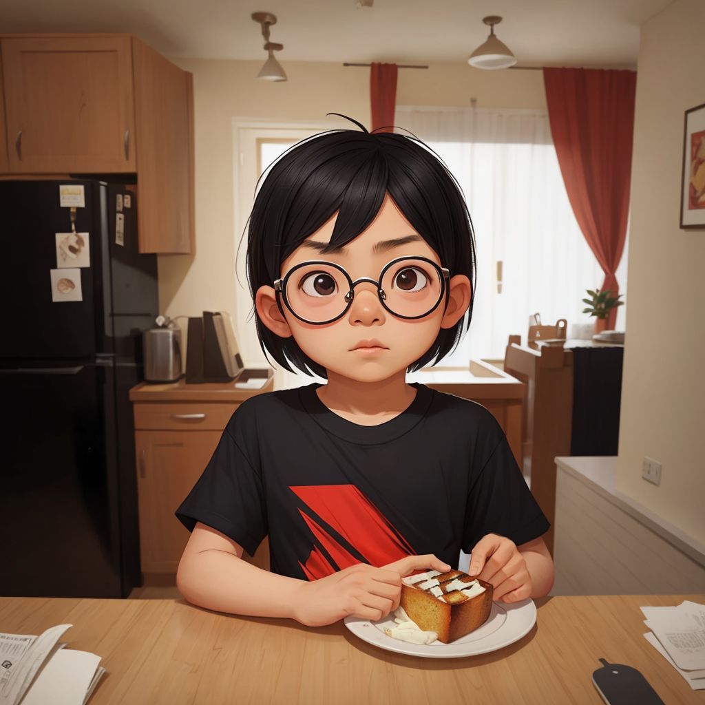 Tommy looking disappointedly at a piece of burnt toast in the kitchen