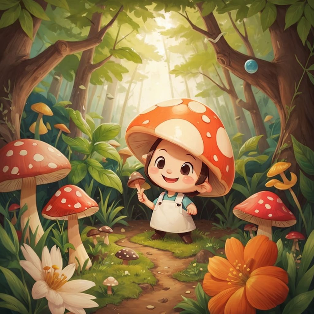 Tolly in the forest, flowers , mushrooms