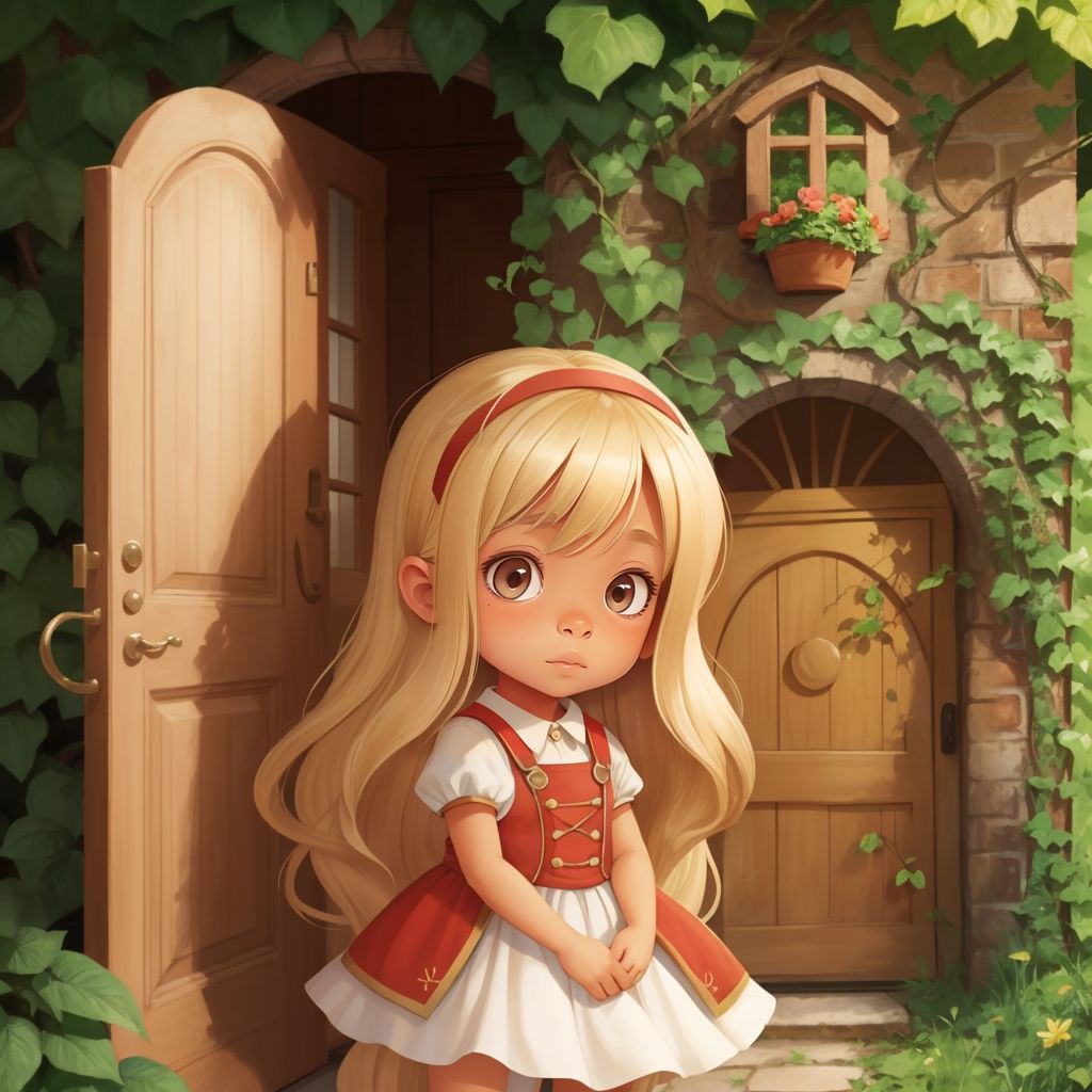 Lilly standing in front of a small, hidden door covered in ivy in a sunny backyard.