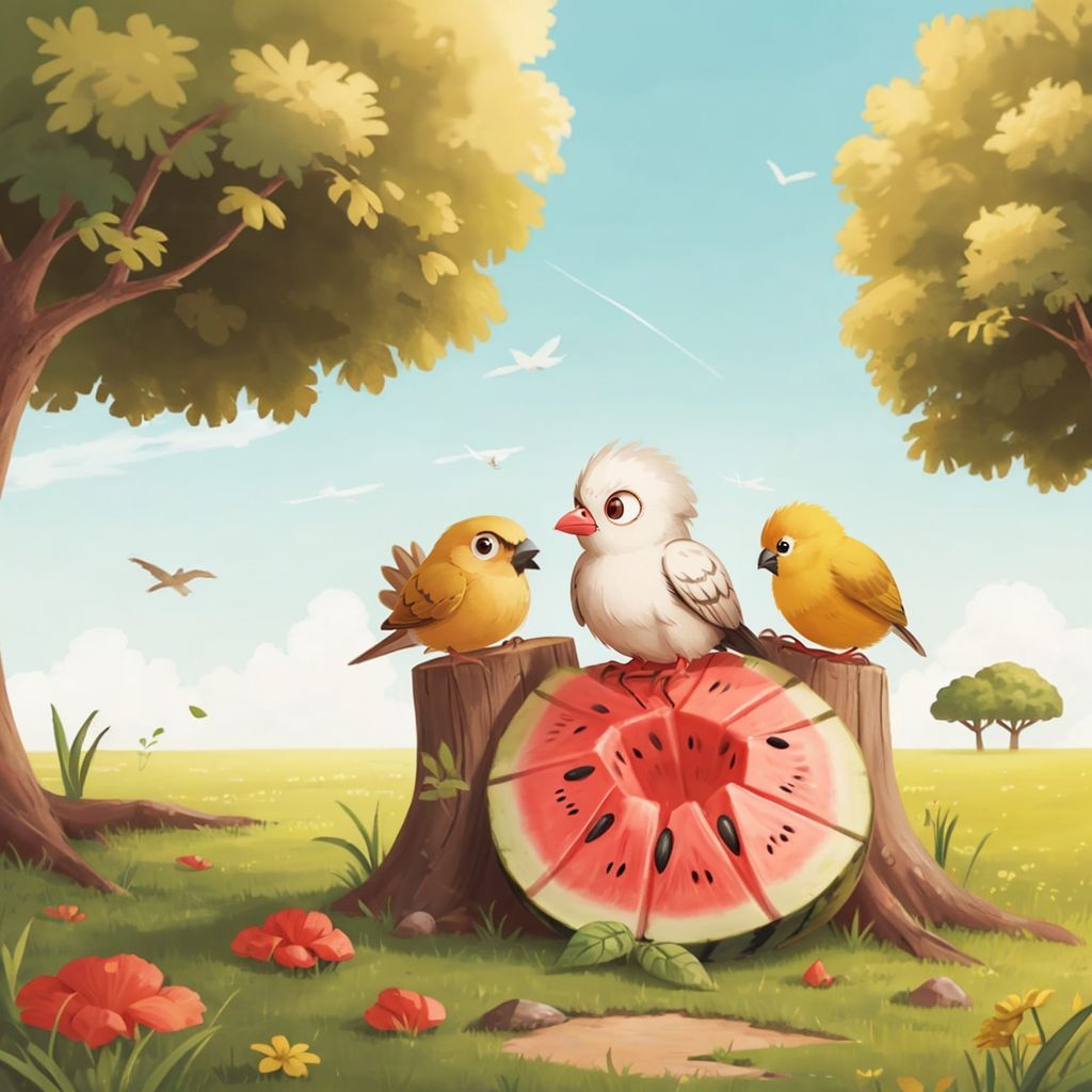 A group of tiny birds, including Birdman, pushing a large watermelon across a grassy field