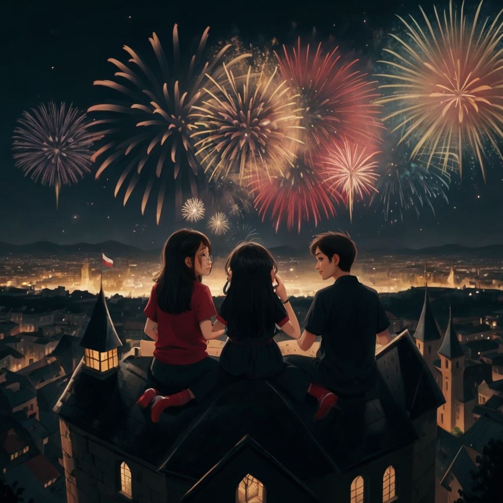 Hebe watching fireworks above the castle at night, with her parents hugging her close