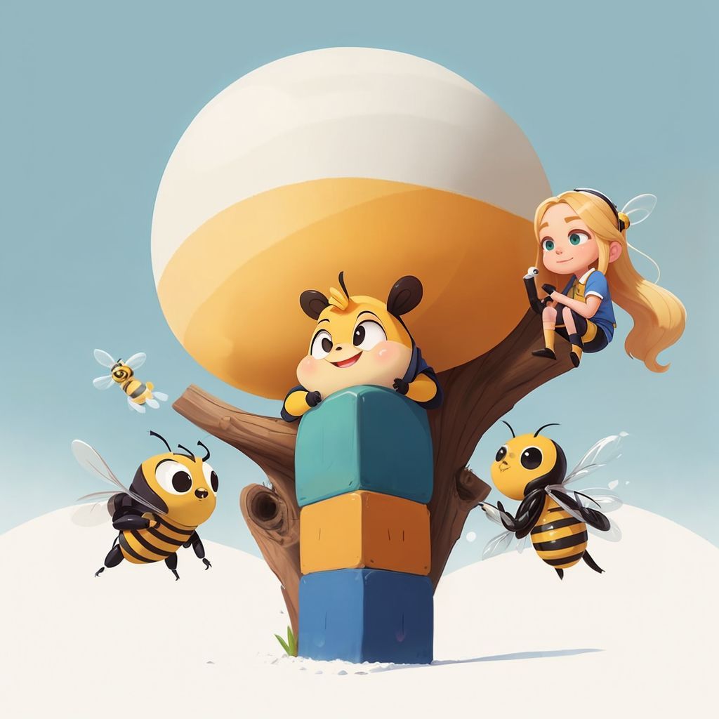 Little Bee building a tower with colorful blocks, surrounded by other little bees, Mrs. B watching with twinkling blue eyes