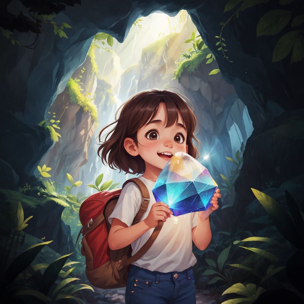 Luna admiring a glowing magical crystal inside a cave