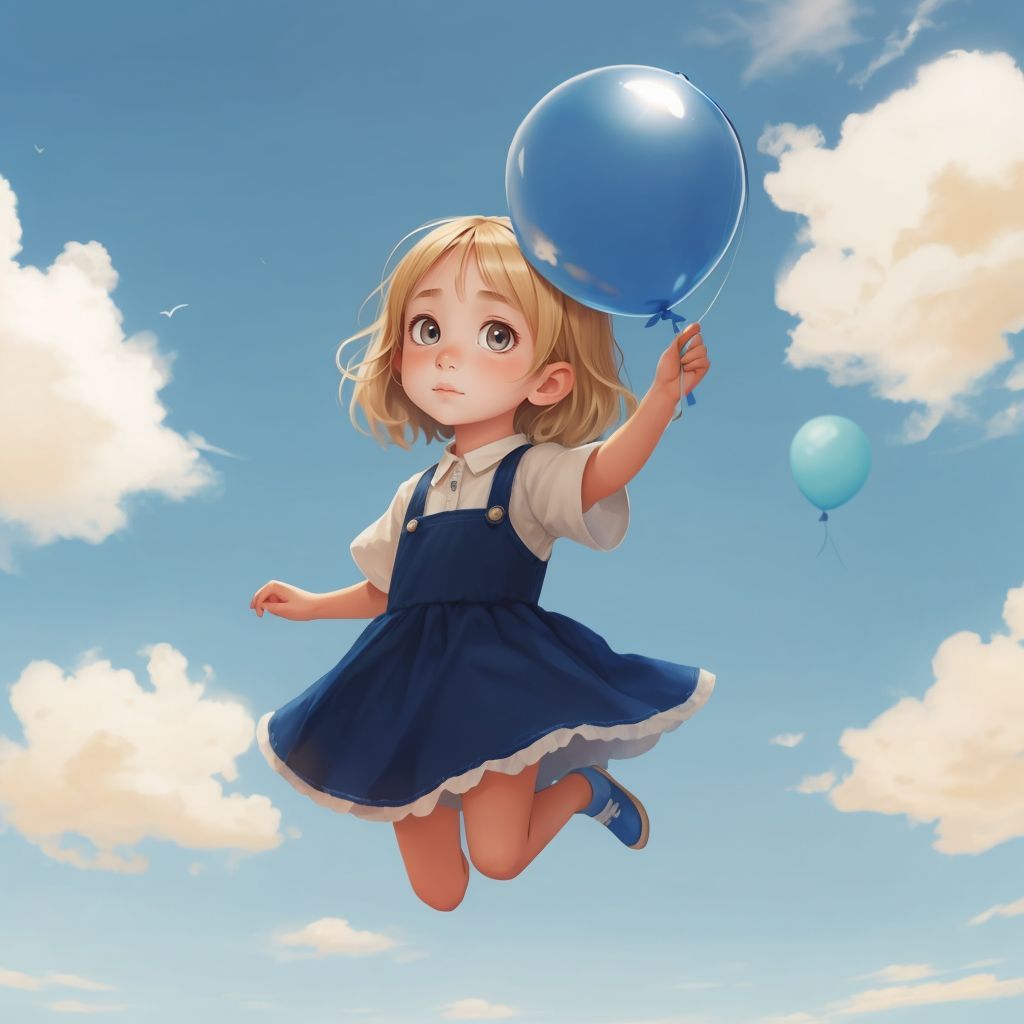 Emma flying high in the sky, holding onto a glowing blue balloon, with a look of amazement on her face