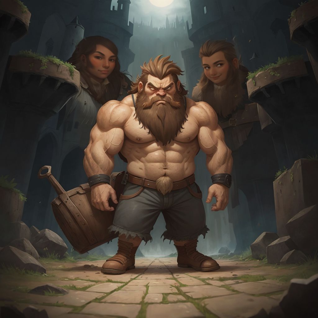 Grumpy the Giant cleaning his dusty, dark castle with determination on his face