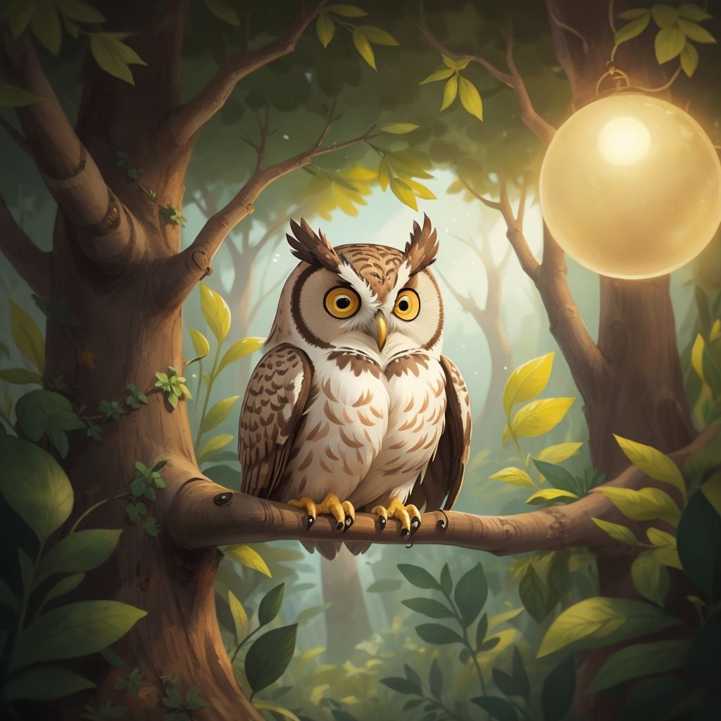 A wise old owl noticing a mysterious glow in the distance