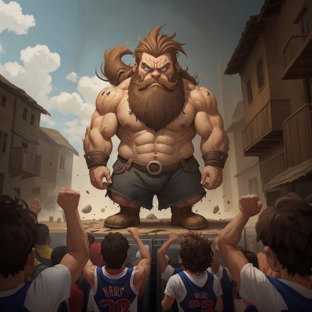 Groomed and smiling Grumpy the Giant standing in a village, surrounded by cheering people