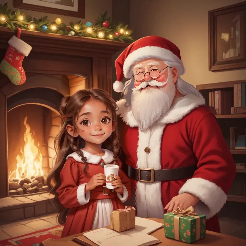 Sarah and Santa with white beard standing next to the fireplace . Christmas decorations in the background. Warm atmosphere.
