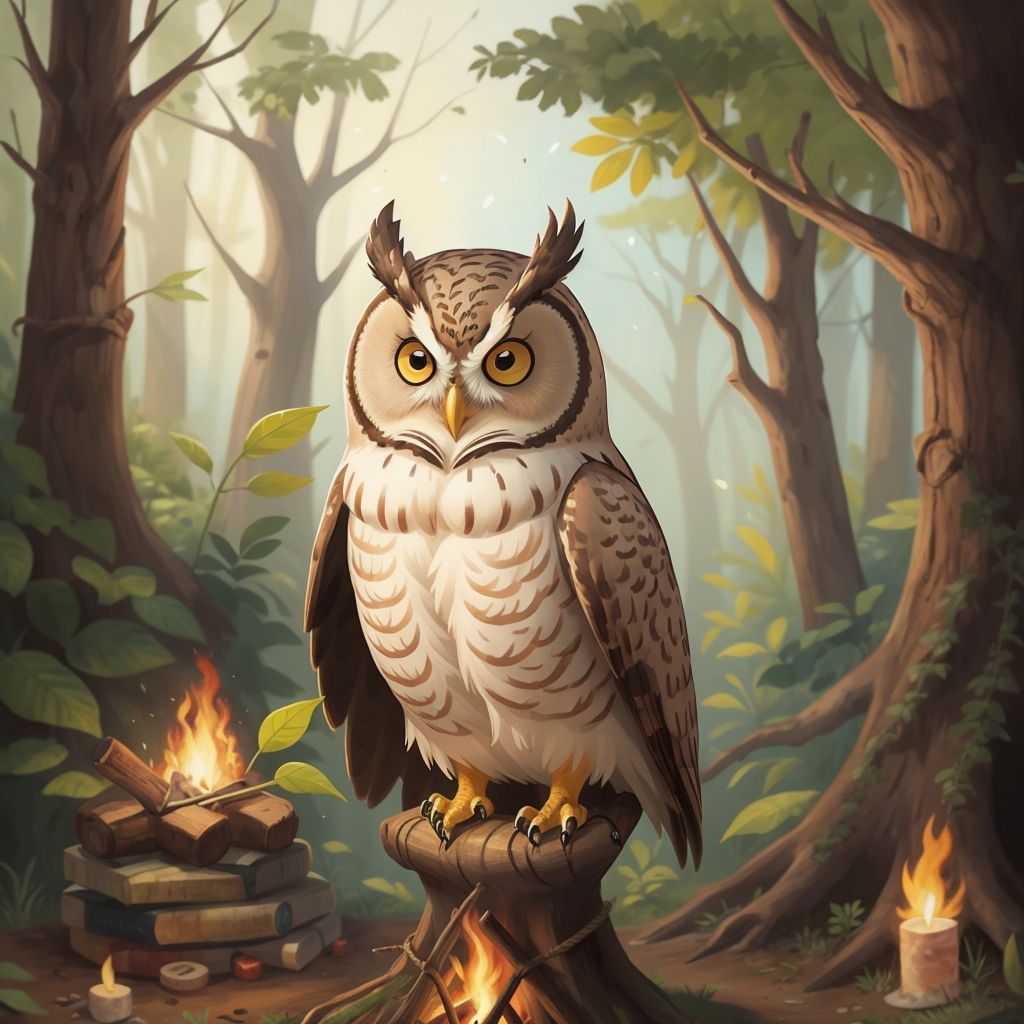 A wise old owl telling stories of wisdom and courage by the campfire