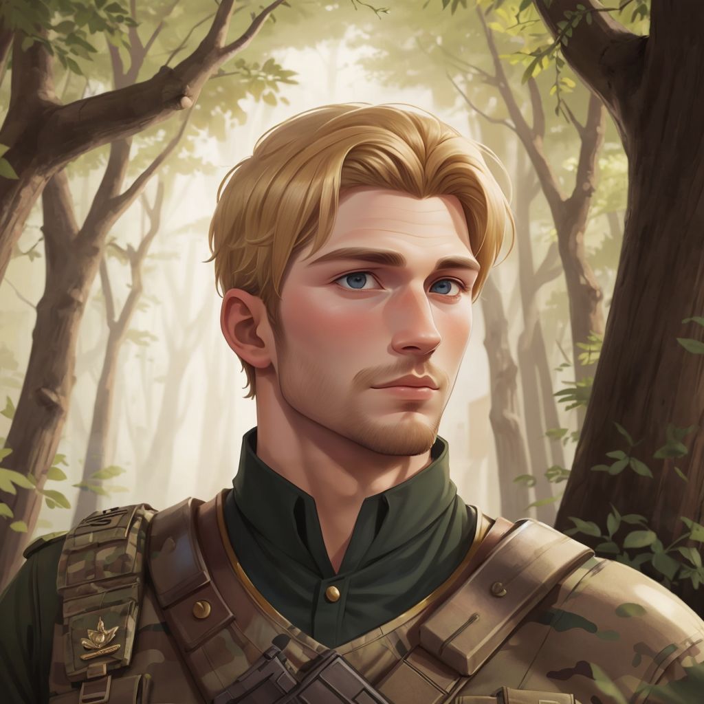 Macsen leading his army through a dense forest with determination on his face.