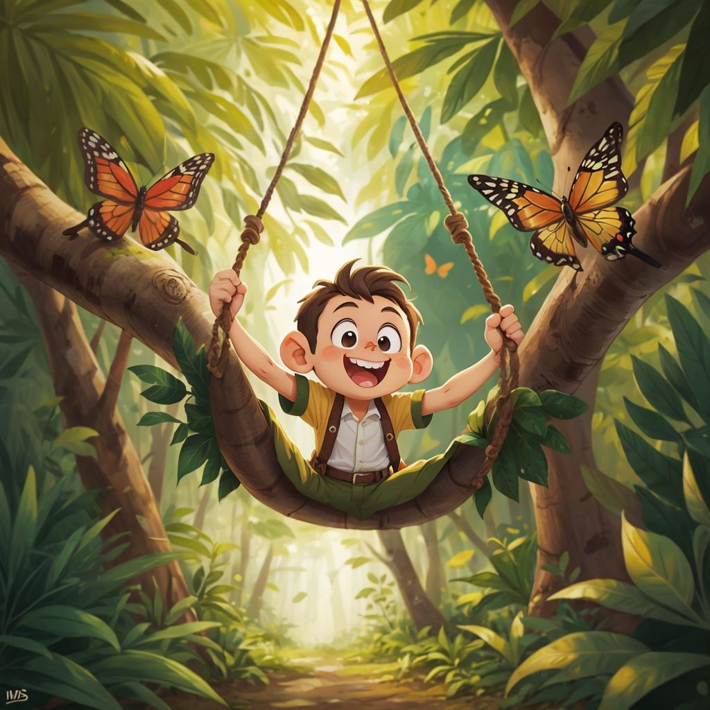Max the Monkey resting on a large leaf in the jungle, surrounded by colorful butterflies and trees