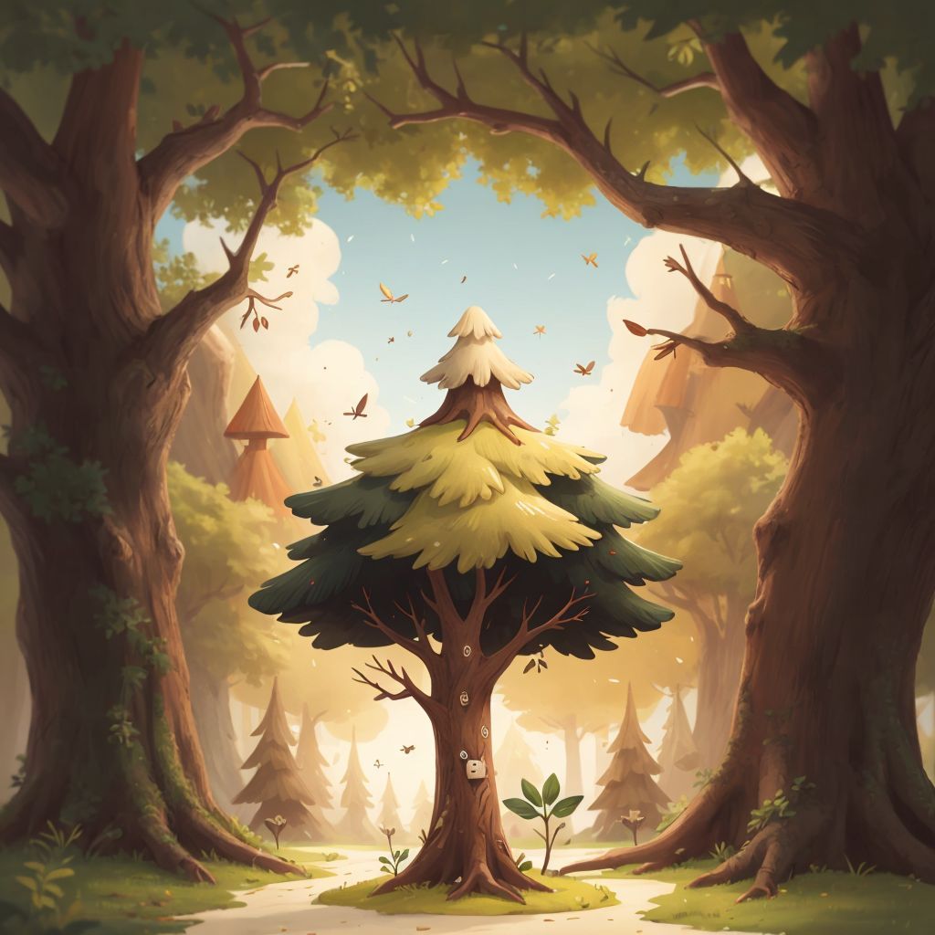 Spriggs wandering into a forest, meeting a wise old oak tree with a welcoming expression.