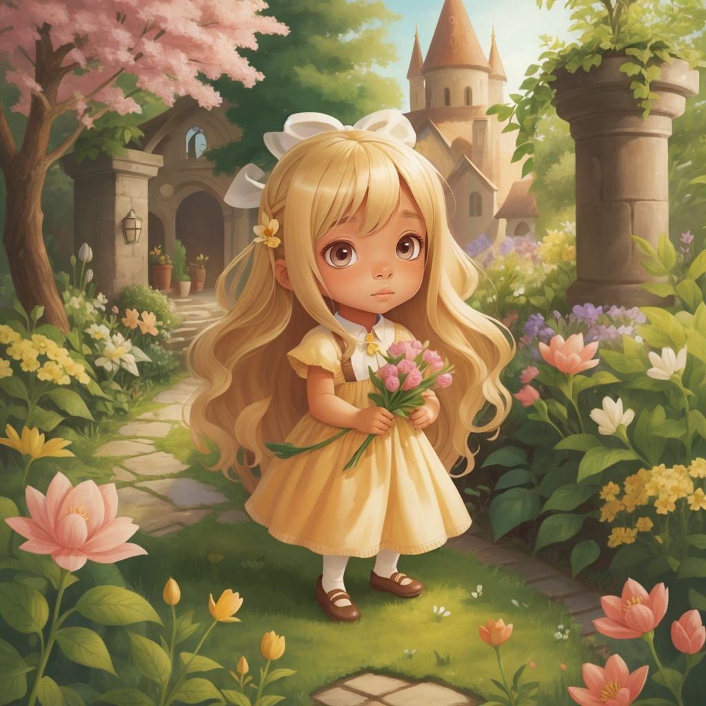 Lilly holding a special flower given by Benny, smiling as she leaves the magical garden.