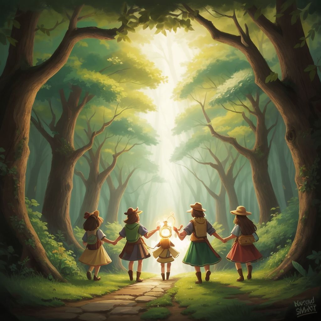 A group of friends leaving the magical forest, carrying the light of friendship in their hearts