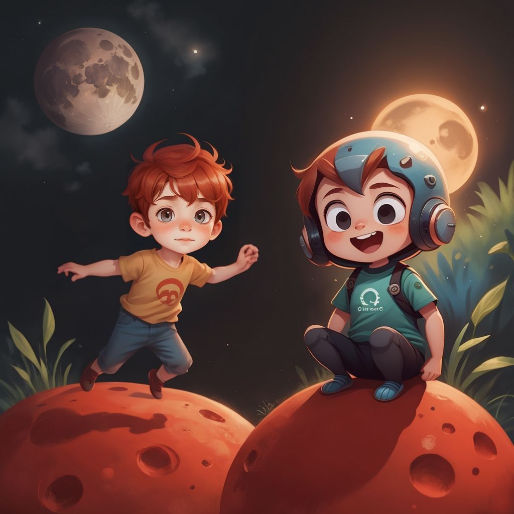 Ali and Groog bouncing on the moon's surface, with moon rocks and craters around