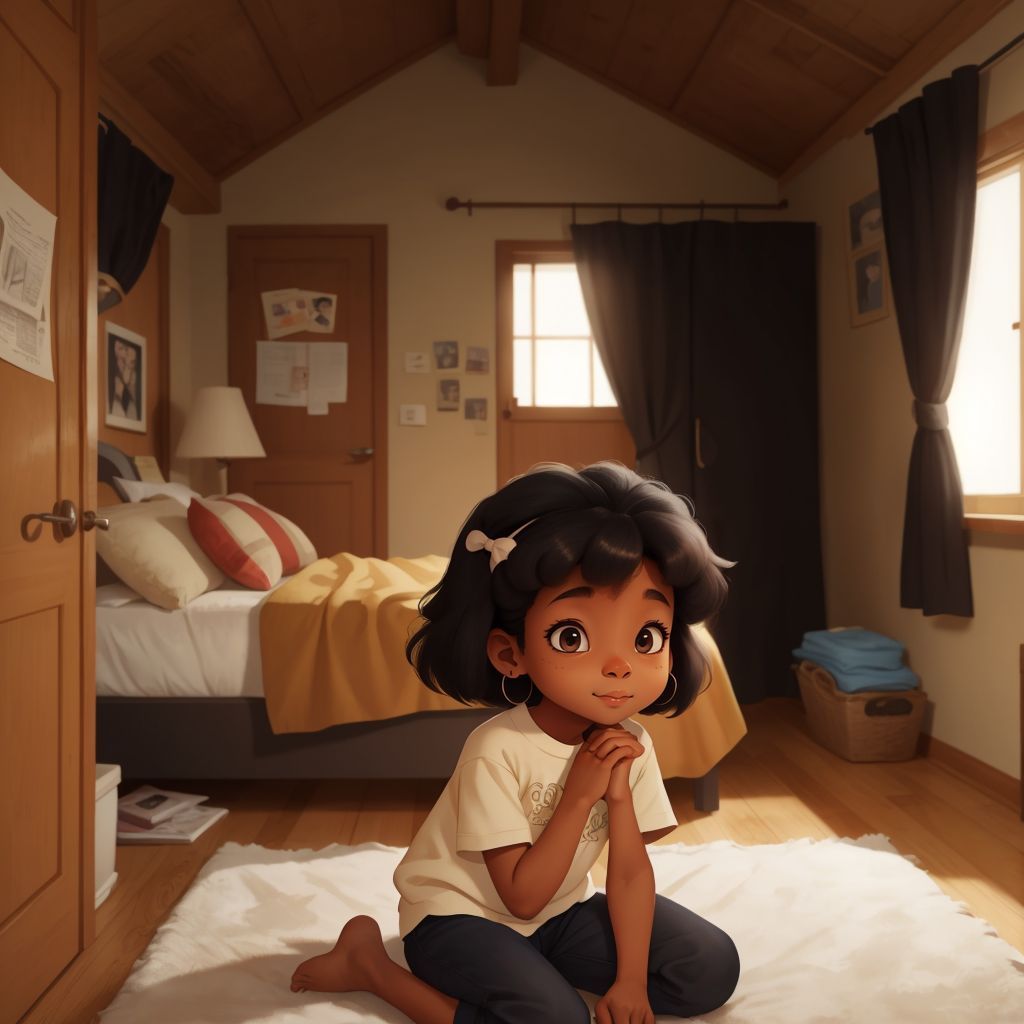 Janet kneeling by her bed, praying with a serene expression on her face. A small, cozy house interior is visible in the background.