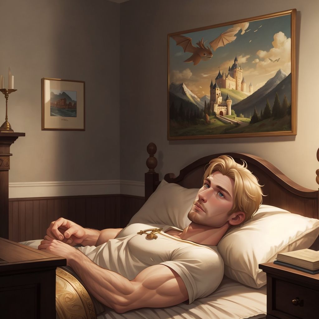Macsen lying in bed with a dreamy expression, with a thought bubble showing dragons, mountains, and a castle.