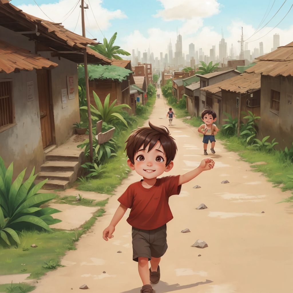 Osh walking happily along a dusty road with a big city in the background.