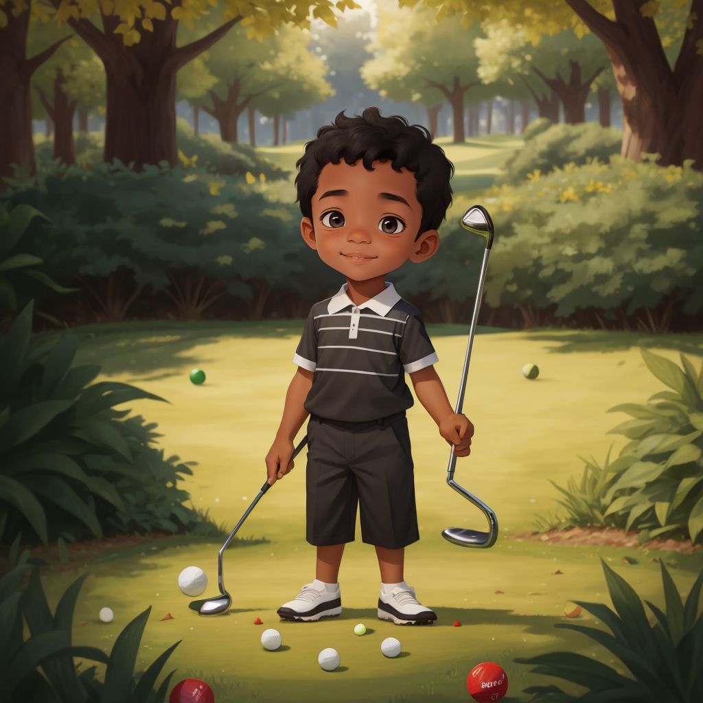 Ty standing in a park holding a shiny golf club with colorful golf balls at his feet. The park is sunny with green trees in the background.
