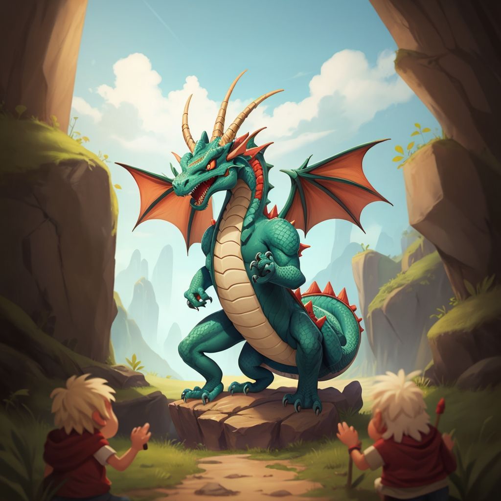 Kaba the dragon standing tall and roaring, with trolls looking frightened