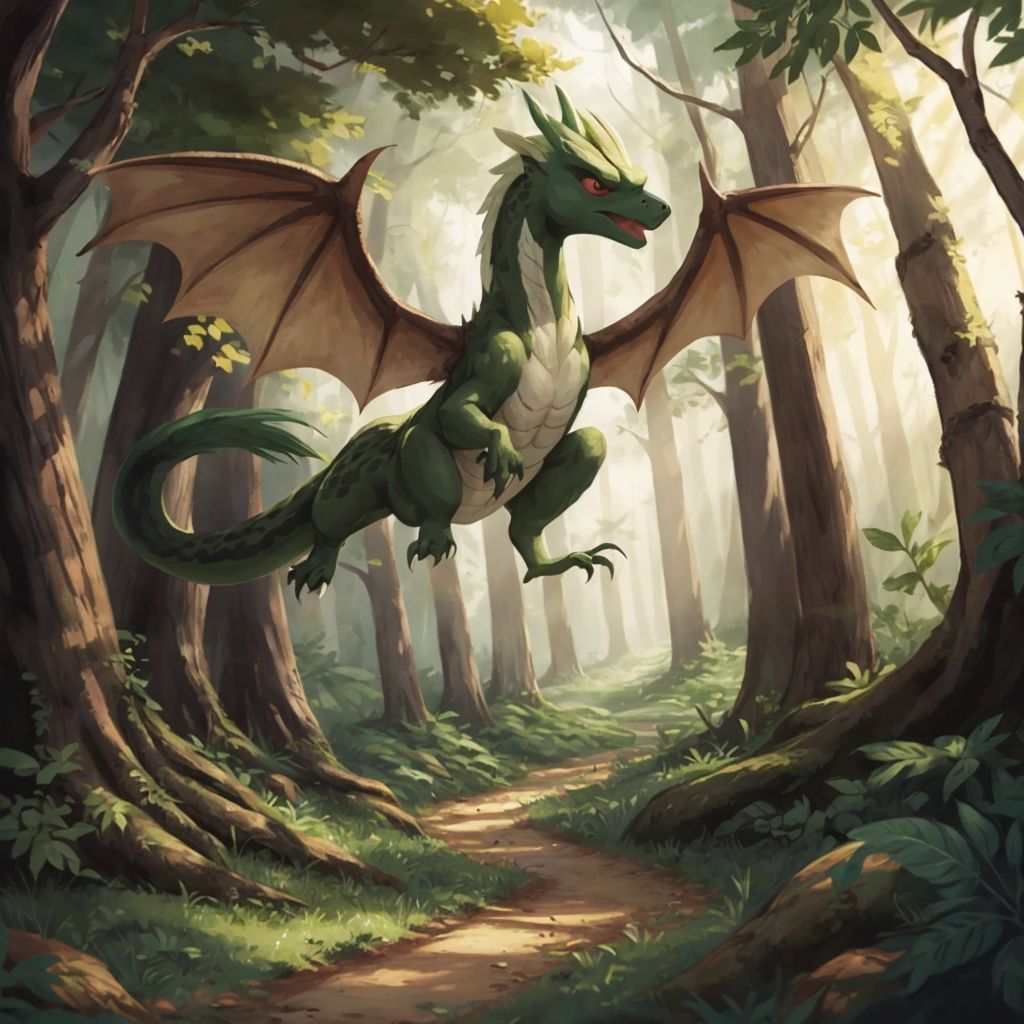 Friendly dragon Draco with shimmering scales flying over the forest, Za'Chari on his back looking amazed.
