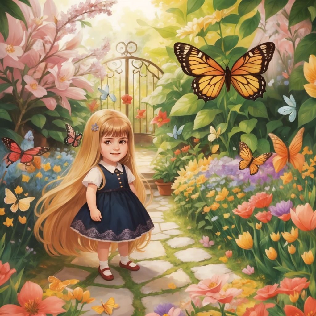 Kenzy standing in a vibrant garden filled with colorful flowers and butterflies, looking around with wide-eyed wonder