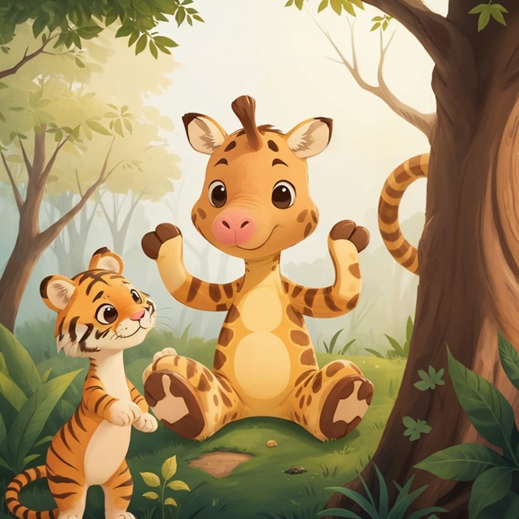 Pie the silly giraffe munching on leaves from a tall tree, with Jaden looking relieved