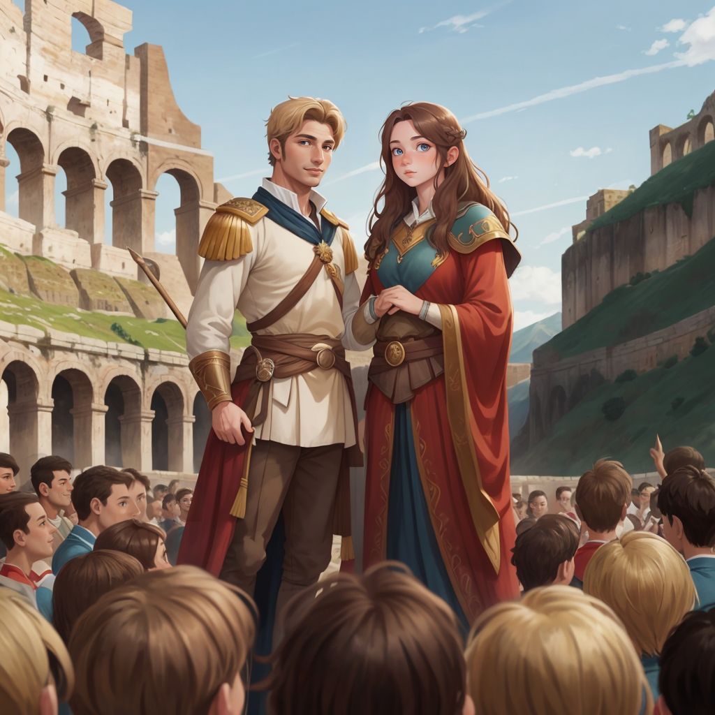 Macsen and Elen standing together, smiling, with the people of Wales cheering in the background.