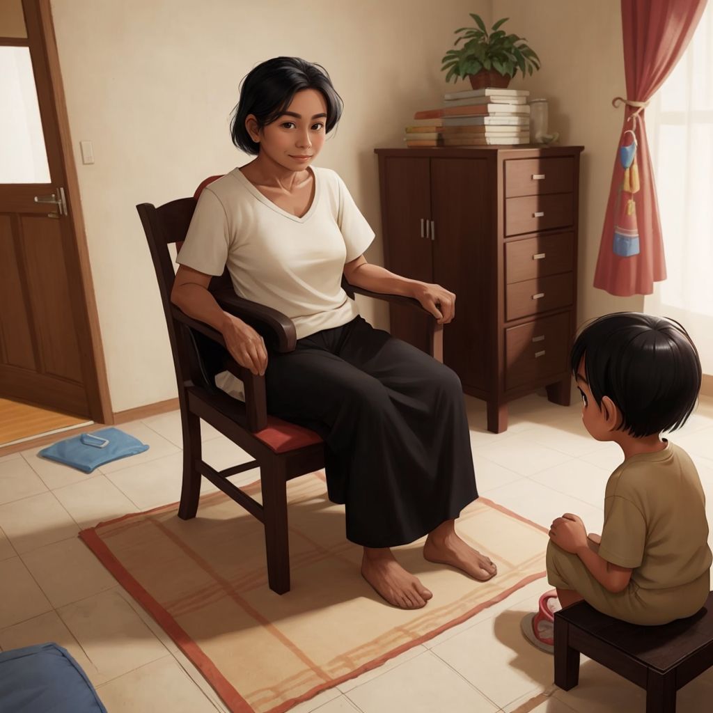 Aling Rosa sitting in a chair looking weak and sick, with a worried expression, while Pinang stands nearby looking unsure and pampered.