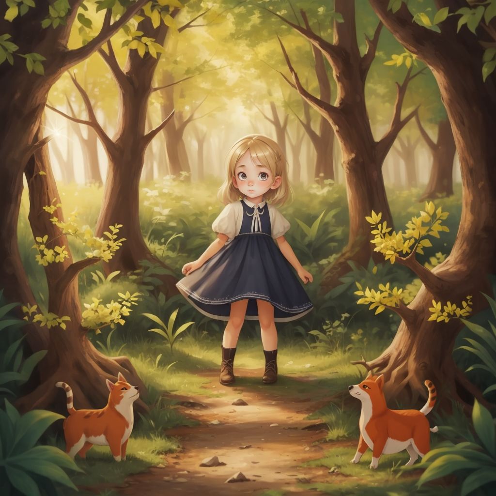Emma standing in a hidden forest with sparkling trees and talking animals around her