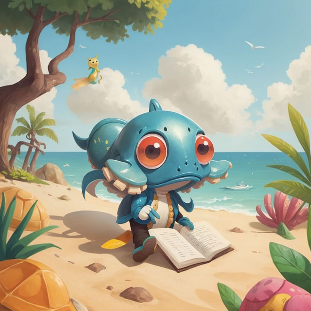 Ollie the cuttlefish with joyful colors, reading the shell message