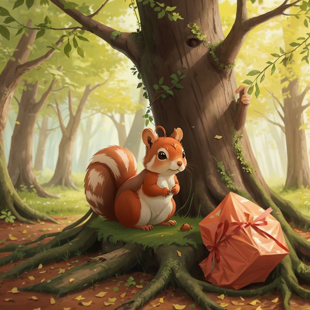 Violetta the squirrel waking up excitedly next to a pile of colorful packages at the base of a tree.