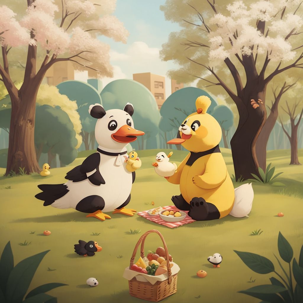 Quackers and Bao standing triumphantly with their picnic basket in the park
