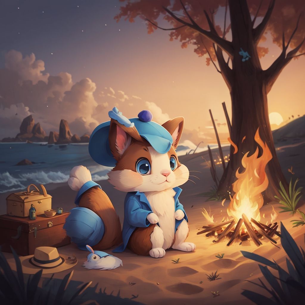 Benny the rabbit sitting by a glowing bonfire on the beach at sunset, his blue hat visible in the warm light