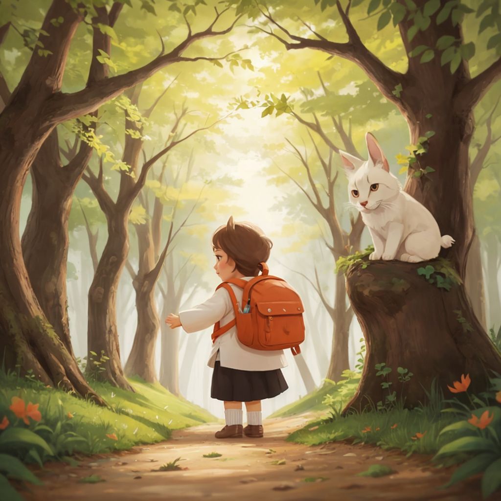 Minik, a small white rabbit, with a tiny backpack full of carrots and a map, meeting Hazel, an old owl with wise eyes, in a lush green forest.