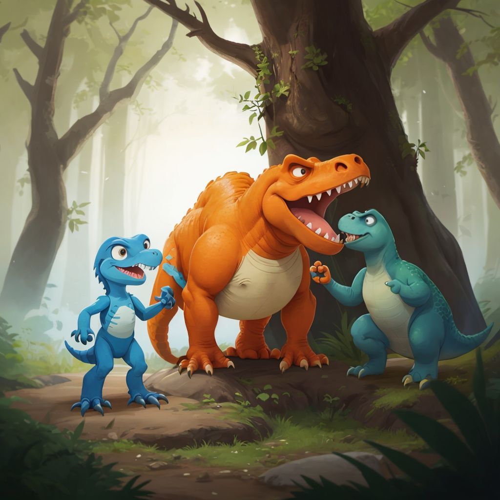 Max the strong, orange T-Rex leading Arlo the small, green Apatosaurus and Buck the playful, blue Velociraptor through a dense, mysterious forest