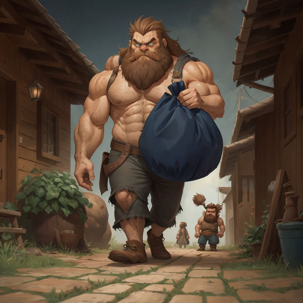 Grumpy the Giant walking through a village with a large sack over his shoulder, his deep blue eyes showing loneliness
