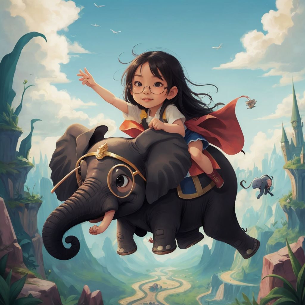 Hebe riding on a flying elephant ride in Fantasyland, with a look of wonder on her face