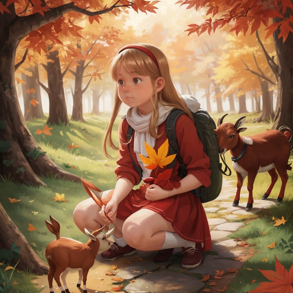Amanda holding a bright red leaf and showing it to Rebel. Trouble sniffs the ground. The background shows a path covered in colorful leaves.