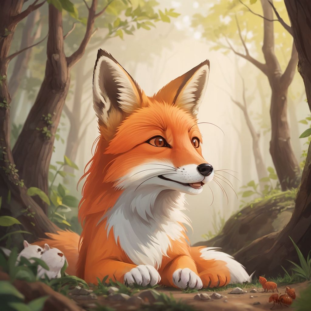 Felix the fox listening attentively to a group of animals, including tiny ants, in the forest.