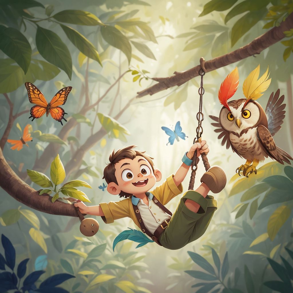 Max the Monkey lying down, a wise old owl with blue, red, and yellow feathers perched nearby, listening attentively