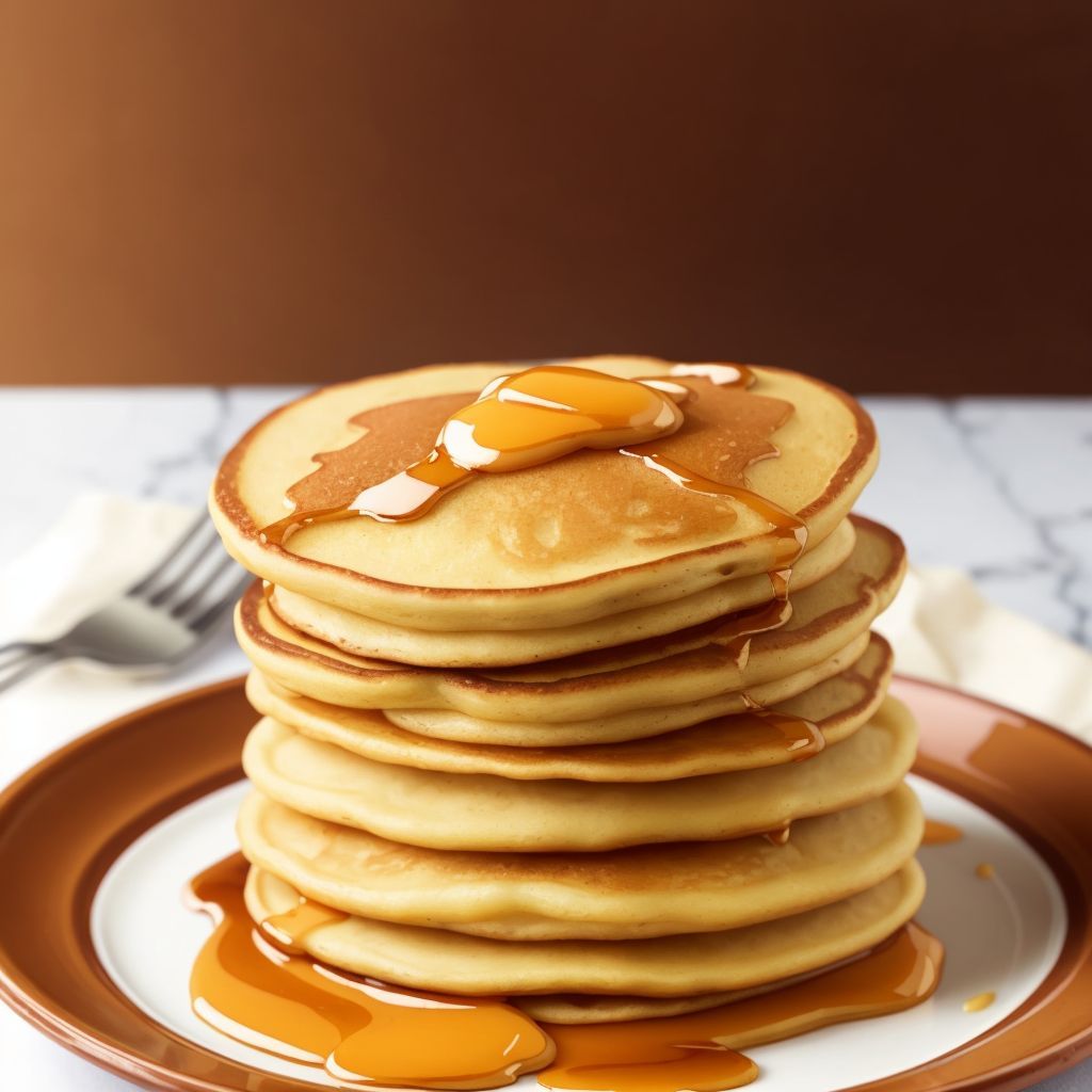 A tall stack of golden brown pancakes on a plate.