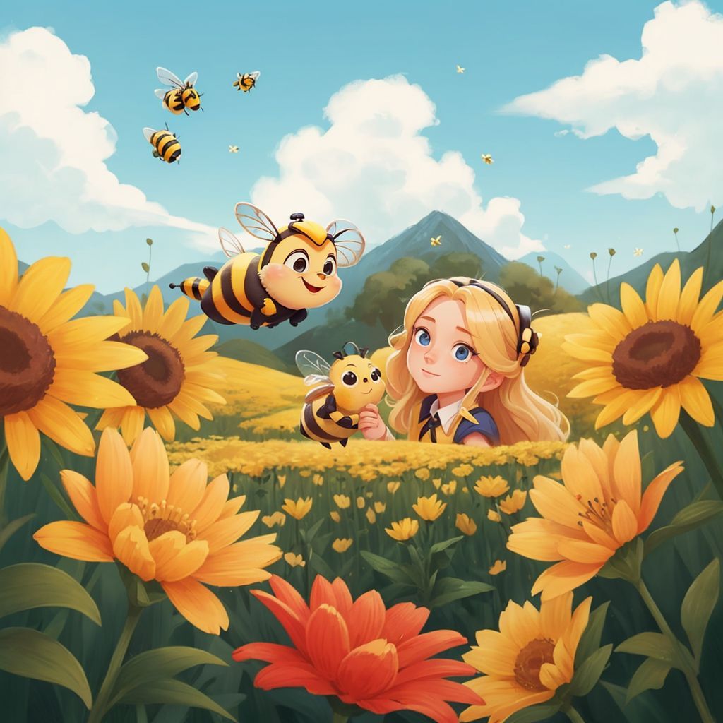 Little Bee flying in formation with friends, Mrs. B showing them how to collect pretend pollen