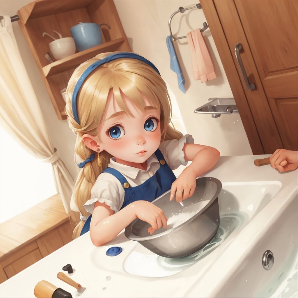 Nika washing dishes in the sink, with a determined expression.