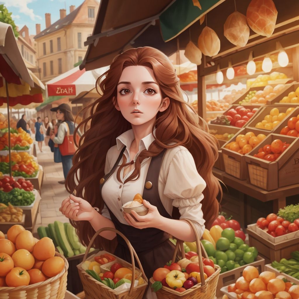 SuperMEL collecting food from a market vendor, with baskets of food around her